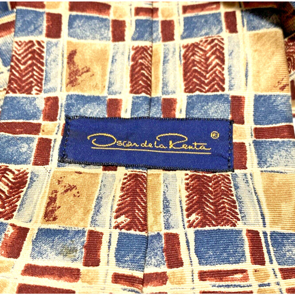 Vintage Oscar De La Renta Silk Tie Necktie Luxury Made in USA Mod Retro tan blue - Picture 5 of 7